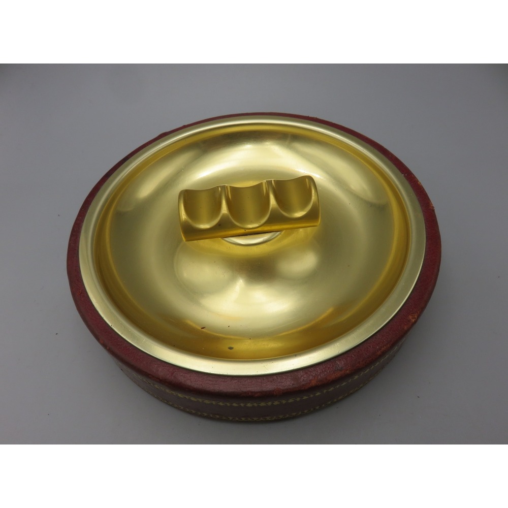 MCM Vintage Round Red and Gold Metal Ashtray Leather Wrap Gold Leaf Trim